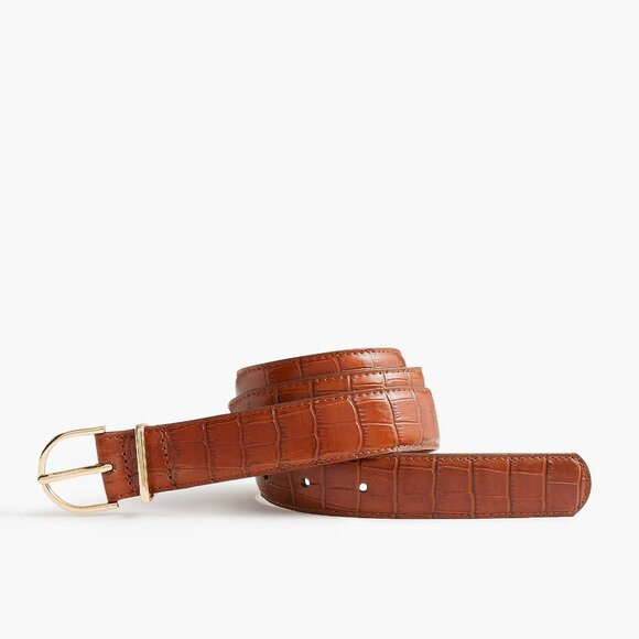 J. Crew Antique Oak Embossed Leather Croc Buckle Belt/NWT/Large-XLarge - Picture 1 of 9